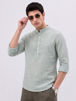 Men’s Green Cotton Striped Short Kurta MAAHI FABS