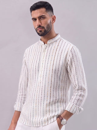 Men’s White Cotton Striped Short Kurta MAAHI FABS