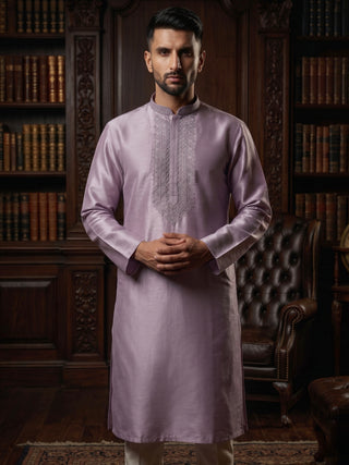 Men's Embroidered Lilac Cotton Silk Kurta MAAHI FABS