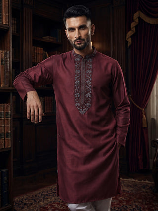 Mens Embroidered Cotton Silk Maroon Kurta MAAHI FABS