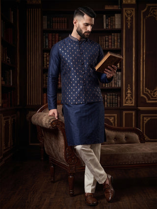Men's Printed Navy Blue Kurta & Jacket Set MAAHI FABS