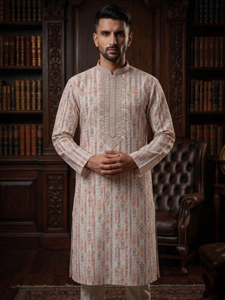 Men’s Peach Mirror Work Embroidered Kurta MAAHI FABS