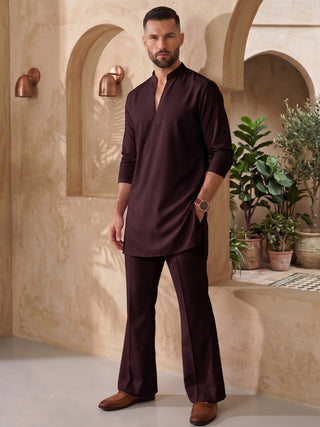Mens Solid V-slit neckline Wine Kurta with Bootcut Pan MAAHI FABS
