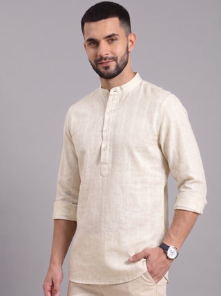 Men’s Cream Cotton Striped Short Kurta MAAHI FABS