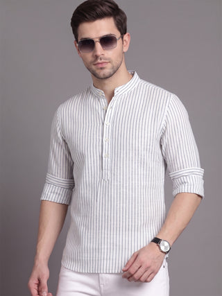 Men’s White Cotton Striped Short Kurta MAAHI FABS