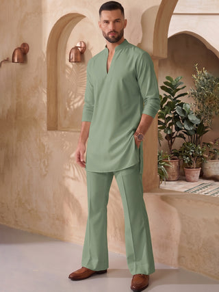 Mens Solid V-slit neckline Green Kurta with Bootcut Pan MAAHI FABS