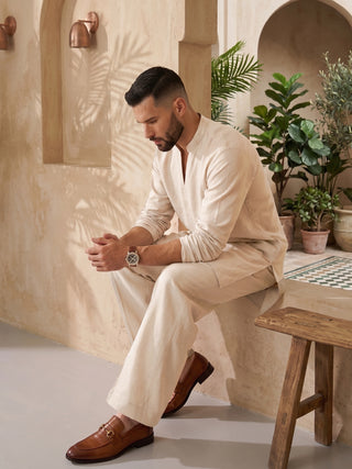 Mens Solid V-slit neckline Cream Kurta with Bootcut Pan MAAHI FABS