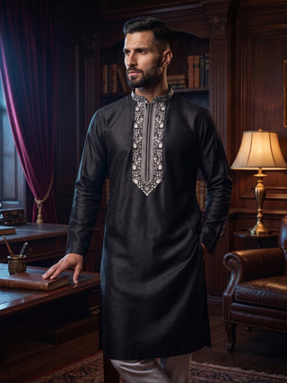 Mens Embroidered Cotton Silk Black Kurta MAAHI FABS