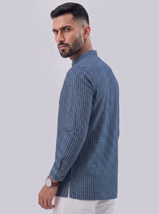 Men’s Navy Blue Printed Cotton Short Kurta MAAHI FABS