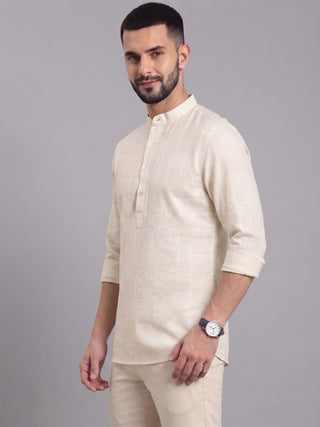 Men’s Cream Cotton Striped Short Kurta MAAHI FABS