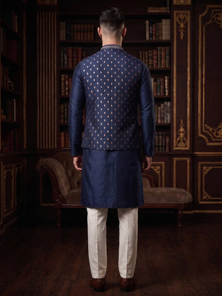 Men's Printed Navy Blue Kurta & Jacket Set MAAHI FABS