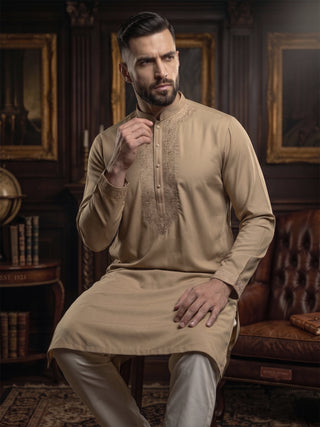 Men's Beige Cotton Embroidered Kurta MAAHI FABS