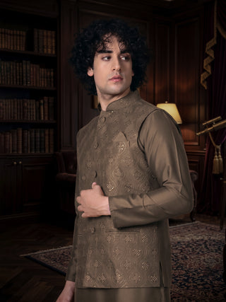 Men's Brown Embroidered Kurta & Jacket Set MAAHI FABS