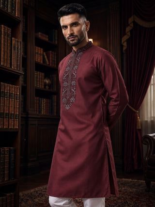 Mens Embroidered Cotton Silk Maroon Kurta MAAHI FABS