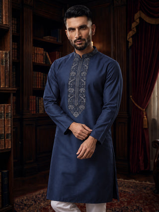 Mens Embroidered Cotton Silk Navy Blue Kurta MAAHI FABS