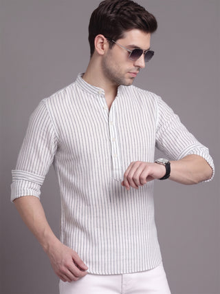 Men’s White Cotton Striped Short Kurta MAAHI FABS