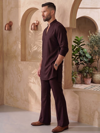Mens Solid V-slit neckline Wine Kurta with Bootcut Pan MAAHI FABS
