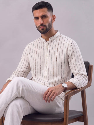 Men’s White Cotton Striped Short Kurta MAAHI FABS