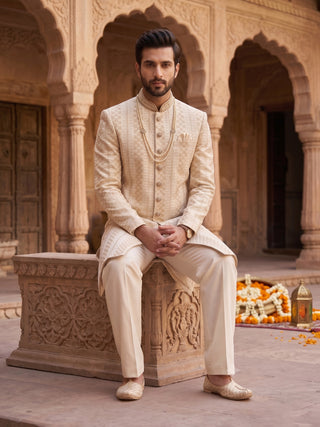 Men's Embroidered Cream Sherwani with Pant