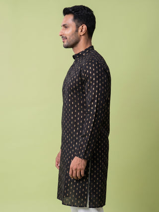 Men's Printed Cotton Black Kurta