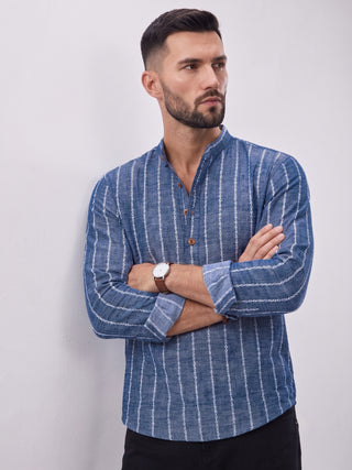 Men’s Navy Blue Cotton Striped Short Kurta MAAHI FABS