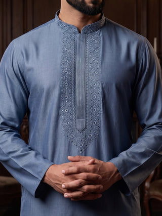 Men’s Steel Blue Embroidered Kurta MAAHI FABS