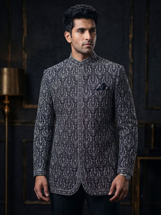 Men's Embroidered Black Indo-Western Sherwani with Pants MAAHI FABS