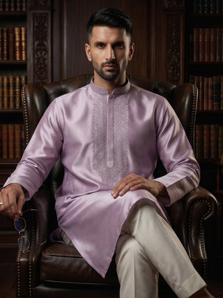 Men's Embroidered Lilac Cotton Silk Kurta MAAHI FABS