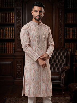 Men’s Peach Mirror Work Embroidered Kurta MAAHI FABS