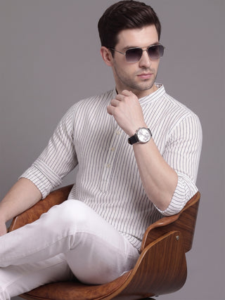 Men’s White Cotton Striped Short Kurta MAAHI FABS