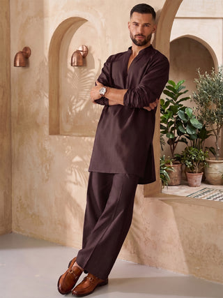 Mens Solid V-slit neckline Wine Kurta with Bootcut Pan MAAHI FABS