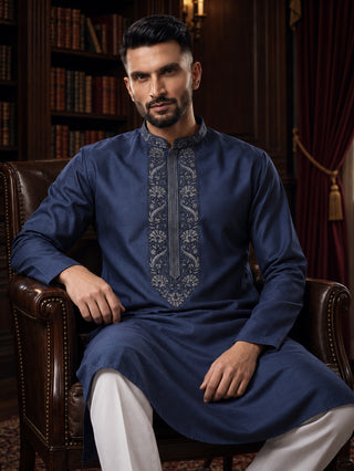 Mens Embroidered Cotton Silk Navy Blue Kurta MAAHI FABS
