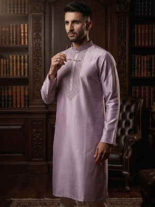 Men's Embroidered Lilac Cotton Silk Kurta MAAHI FABS