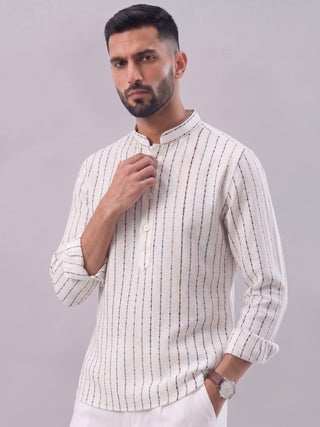 Men’s White Cotton Striped Short Kurta MAAHI FABS