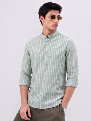 Men’s Green Cotton Striped Short Kurta MAAHI FABS