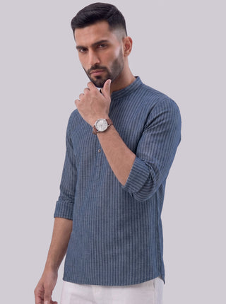 Men’s Navy Blue Printed Cotton Short Kurta MAAHI FABS
