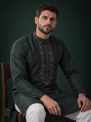 Mens Embroidered Cotton Silk Green Kurta MAAHI FABS