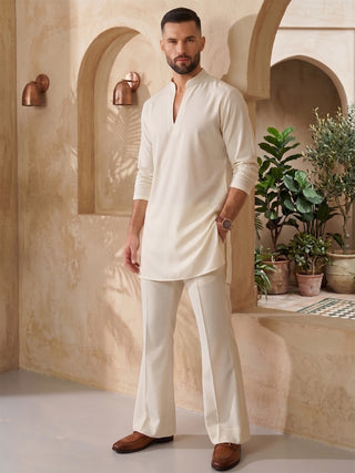 Mens Solid V-slit neckline Cream Kurta with Bootcut Pan MAAHI FABS