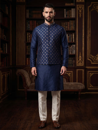 Men's Printed Navy Blue Kurta & Jacket Set MAAHI FABS