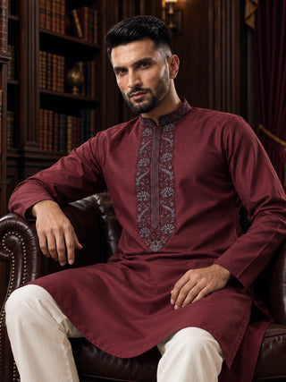 Mens Embroidered Cotton Silk Maroon Kurta MAAHI FABS