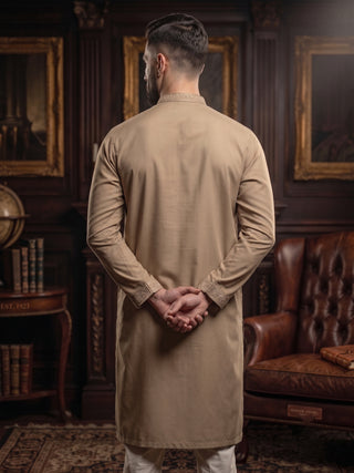 Men's Beige Cotton Embroidered Kurta MAAHI FABS