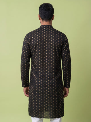 Men's Printed Cotton Black Kurta