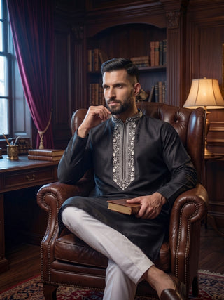 Mens Embroidered Cotton Silk Black Kurta MAAHI FABS