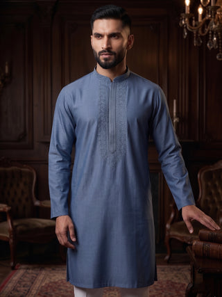 Men’s Steel Blue Embroidered Kurta MAAHI FABS