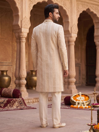 Men's Embroidered Cream Sherwani with Pant