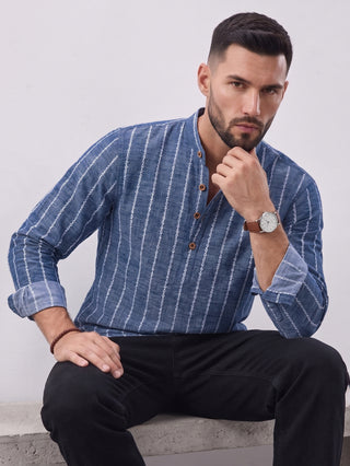 Men’s Navy Blue Cotton Striped Short Kurta MAAHI FABS