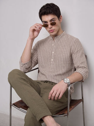 Men’s Brown Cotton Striped Short Kurta MAAHI FABS