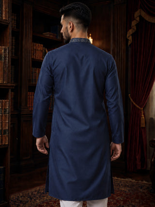 Mens Embroidered Cotton Silk Navy Blue Kurta MAAHI FABS