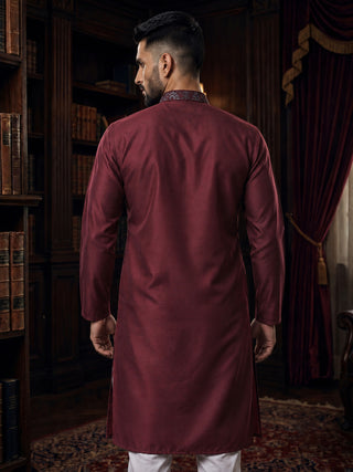 Mens Embroidered Cotton Silk Maroon Kurta MAAHI FABS