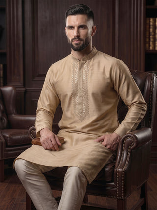 Men’s Beige Sequined Embroidered Kurta MAAHI FABS